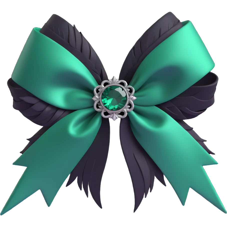 3D emoji gothic bow, dark emerald satin, silver filigree, and black feather accents emoji