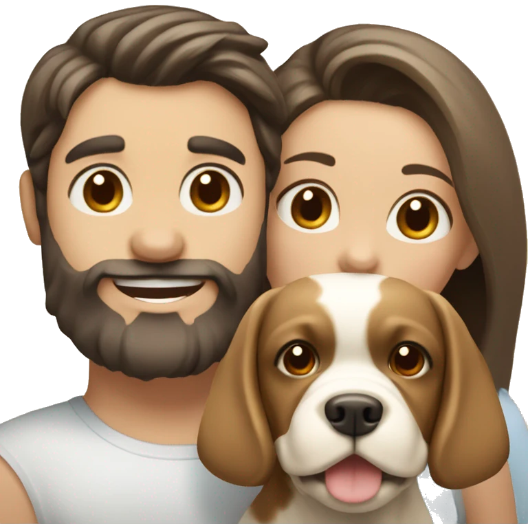 Brunette happy couple boy with beard and girl  with long hair with one cute beige French bull dog  emoji