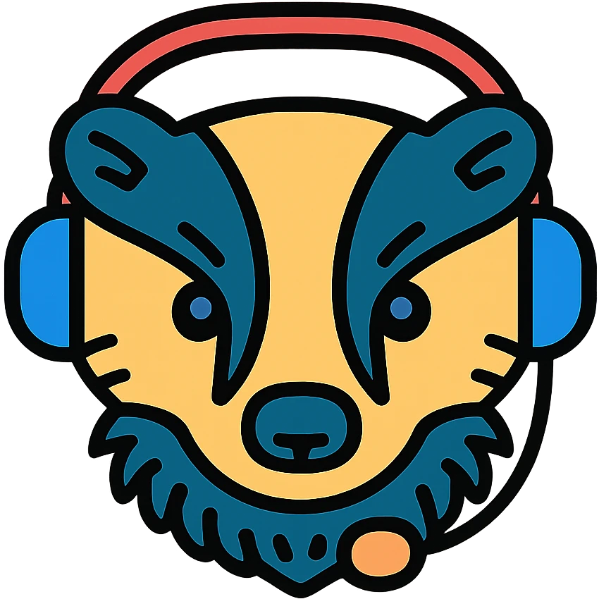 badger head wearing a modern headset, detailed fur, friendly expression, suitable for an icon, bold lineal color icon style emoji