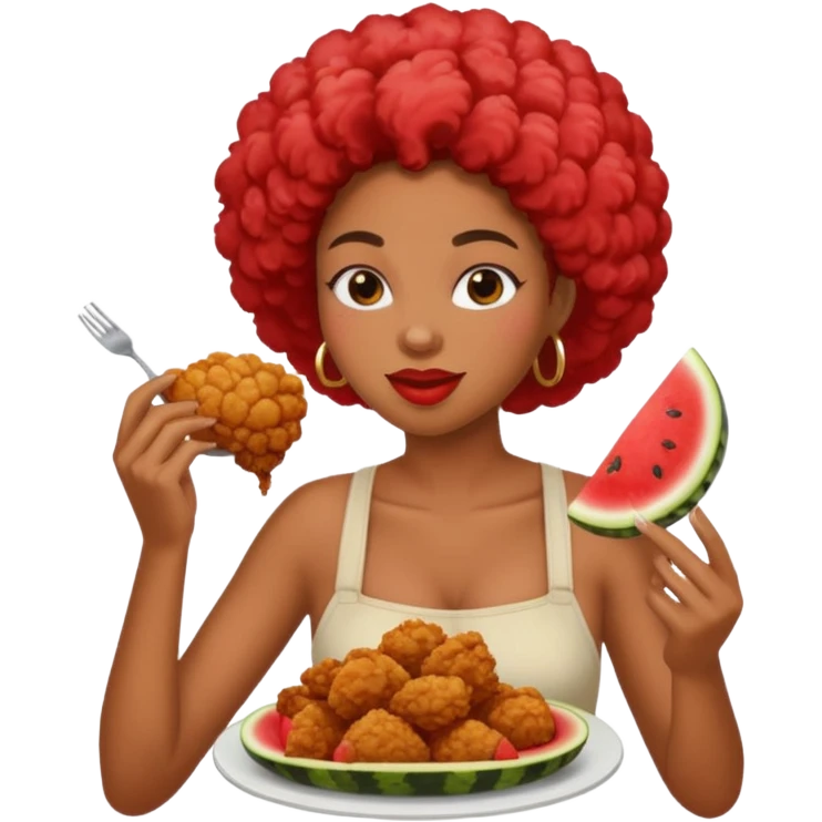 A black woman eating fried chicken and watermelon emoji