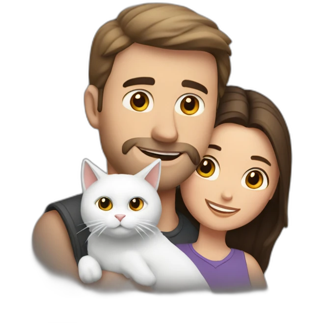 white brun man and brunette woman with a fat gray cat in their arms emoji