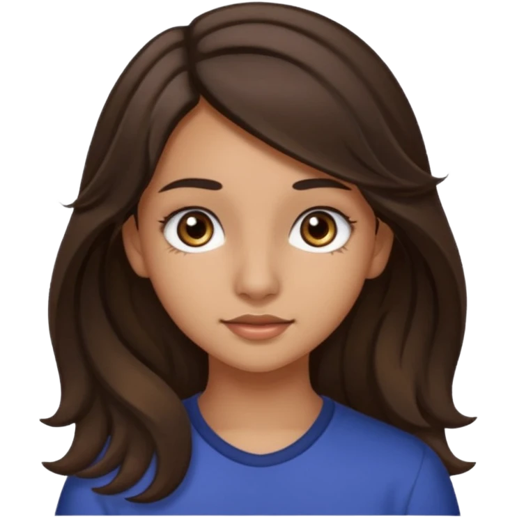 Create a emoji of a girl teen (14 years old) with dark brown hair and a little bit lighter brown in the end of the hair (but mixed) and waves in the hair, long hair, with MEDIUM FAIR TO OLIVE skin tone, dark brown eyes, perfect nose, long eyelashes emoji