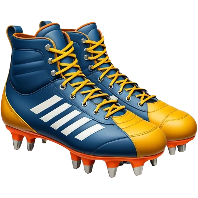 Cinematic Realistic image of a pair of rugby boots, showcasing sturdy leather construction, detailed cleat patterns and textured surfaces, illuminated by vibrant outdoor lighting that captures their athletic purpose emoji