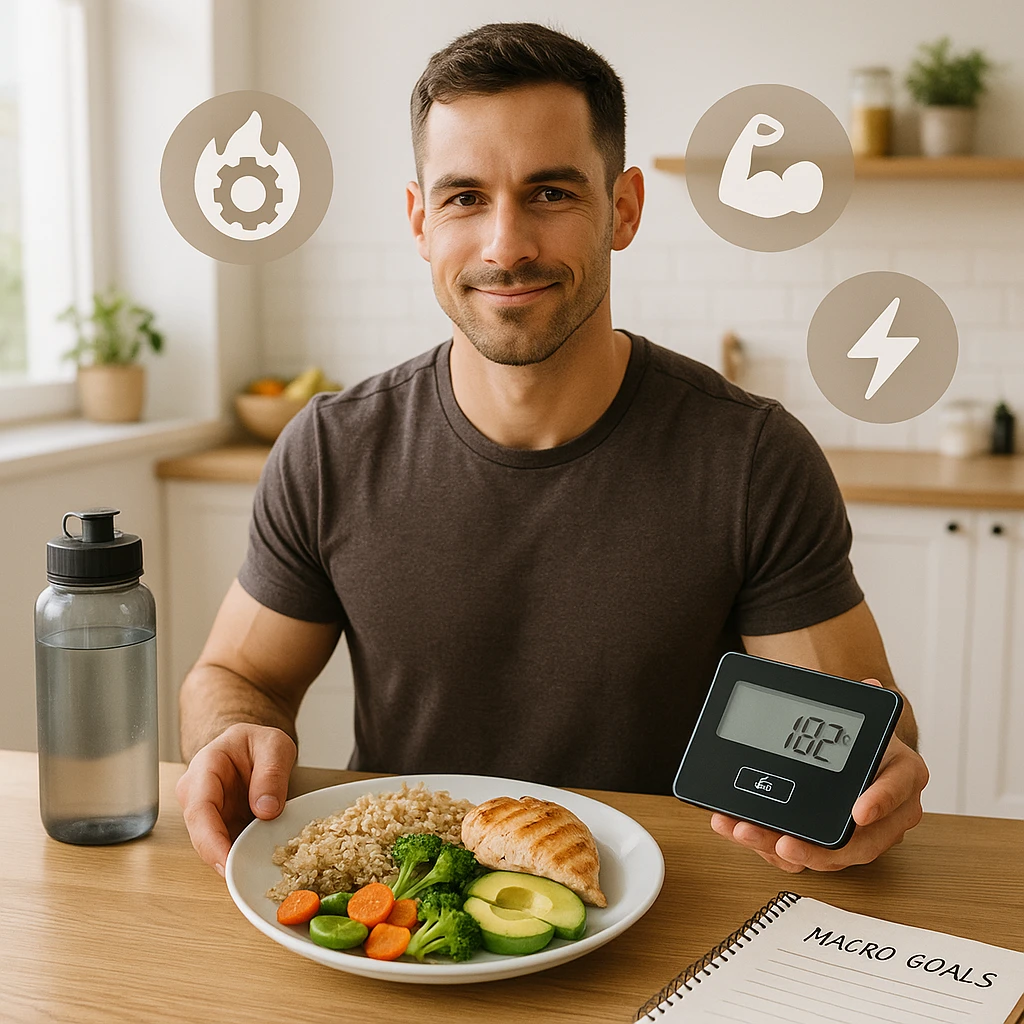 A fit man in his early 30s, sitting calmly at a clean wooden kitchen table, adjusting his meal portions with intention. On the plate: whole grain rice, avocado slices, grilled chicken, and olive oil drizzled vegetables — slightly more than a normal serving, symbolizing a small caloric surplus. He’s holding a digital food scale and smiling slightly, showing confidence. Around him float clean icons of metabolism, muscle growth, and energy. Background: bright morning light, minimalistic kitchen with fitness and wellness elements (e.g. a water bottle, notepad with 'macro goals', and healthy food on shelves). Style: semi-realistic, lifestyle photography look, warm tones, high detail emoji