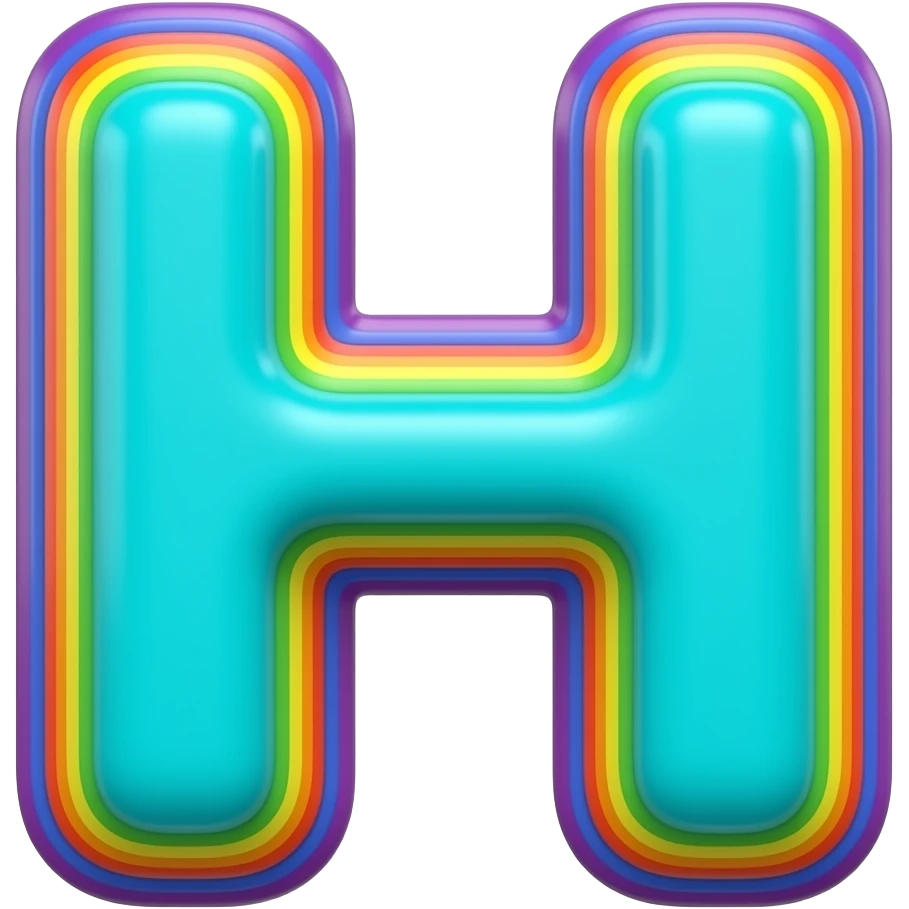 Letter "H" in bright turquoise, 3D style typography lettering, must have each color of the rainbow as an outlined borderaround the letter,  isolated, 3d rendering, no emoji icons no emoji faces and must have no human figures emoji