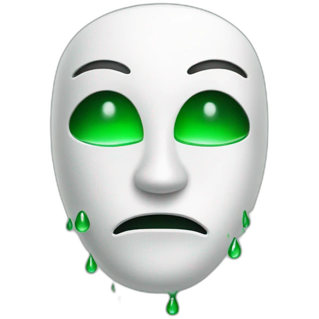 a white smile mask with green cry drops with full black eyes emoji