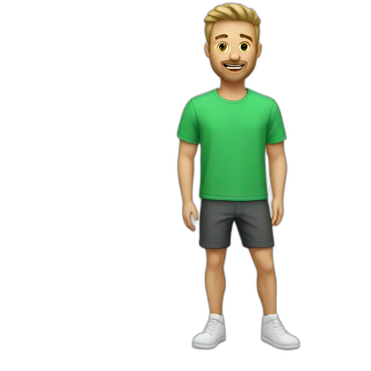 Homme blanc en short avec t-shirt vert emoji