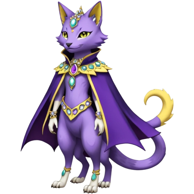 Kawaii cute Violet Yellow Black beautiful pretty elegant divine edgy feline-vernid-sergal-Fakémon-Pokémon-Digimon-fursona-animal-creature, full body, with intricate detailed markings, Embroidered capelet, Gem-studded horn ring emoji