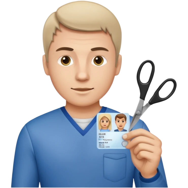Scissors cutting man ID card in 2 parts.hyper realistic emoji