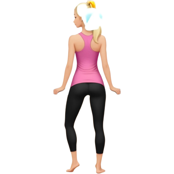 Render from knees up, view from the back, fair skinned woman, thin, long blond hair, cooking dinner in kitchen, pink loose tank top, showing natural B cup breast shape SFW, black yoga pants, perfect booty emoji