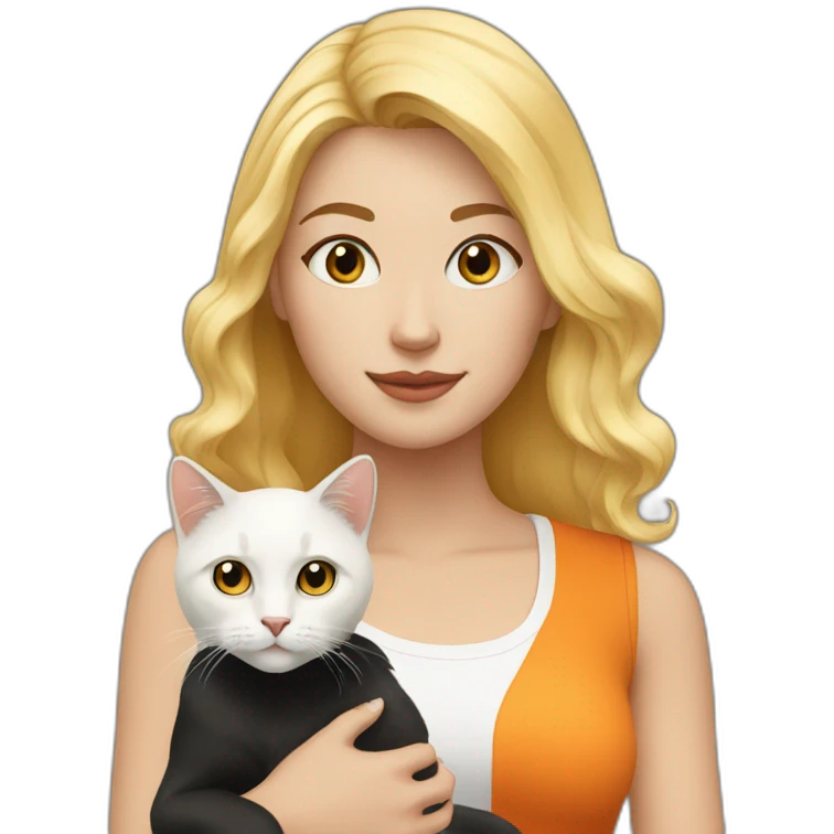 blonde-haired woman with a white,black and orange colored cat emoji