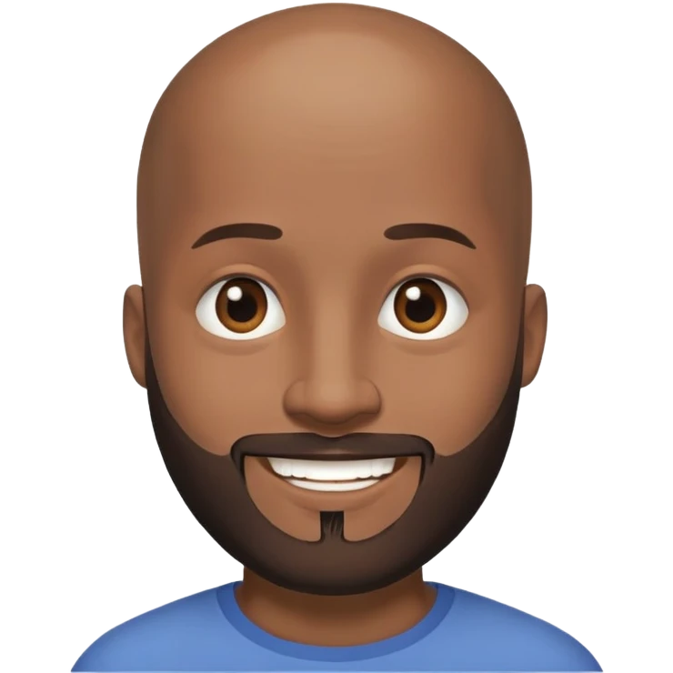 brown male with beard, black eye, no hair, full head, smile, black skin emoji