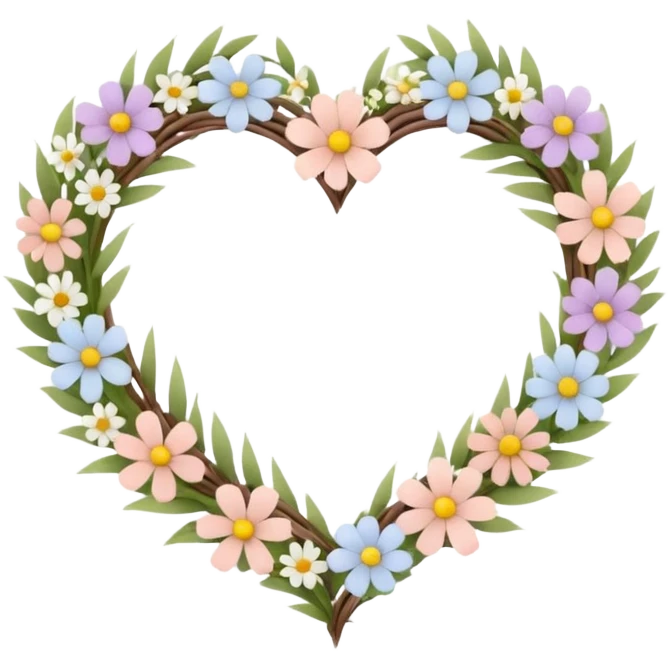 Natural cottage core aesthetic minimal flower crown in a twisty heart shape emoji