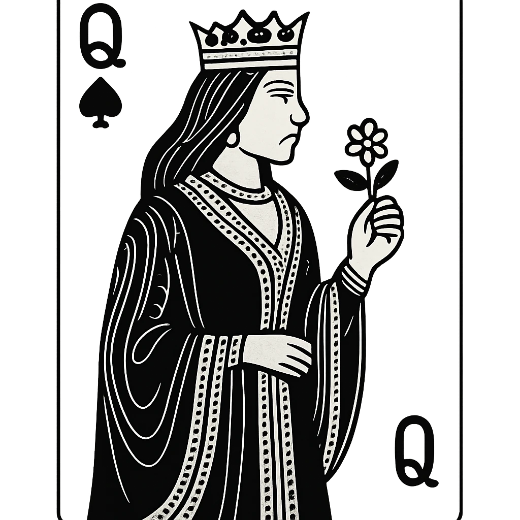An elegant queen playing card character with detailed crown and flowing robes, holding a flower in her hand emoji
