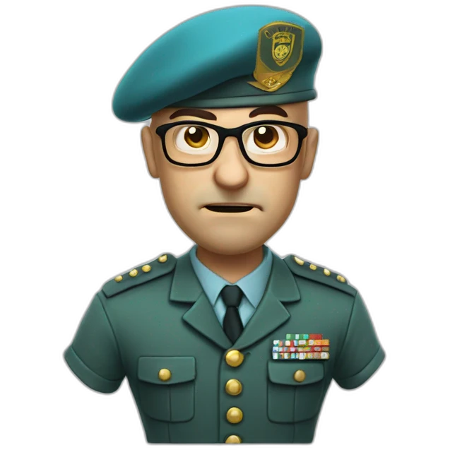Realistic cyan beret bald very furious 50 years old man with glasses no hair furious very angry frown with khaki uniform emoji