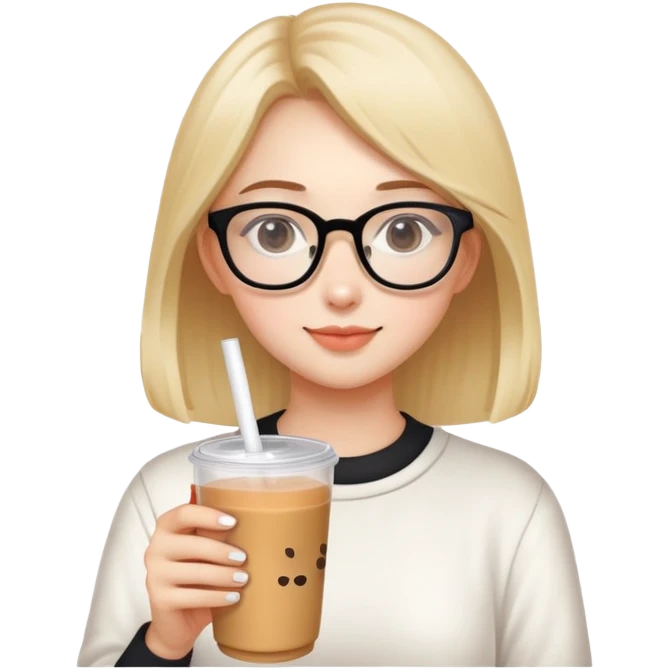 A girl wearing glasses drinking milk tea emoji