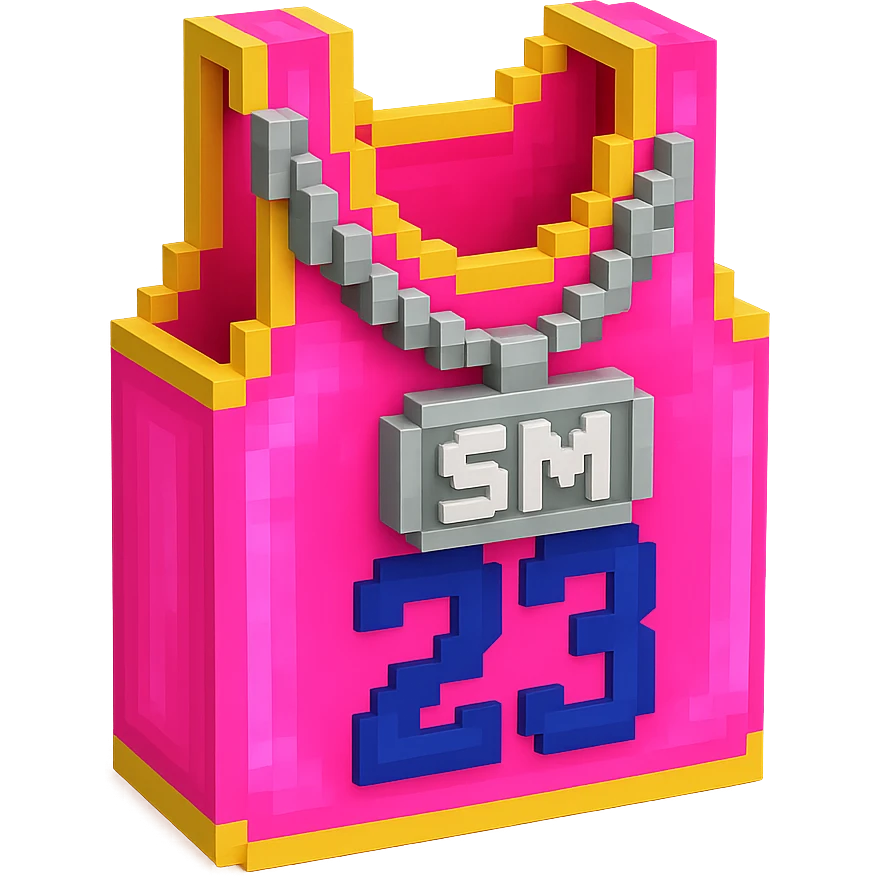 светящейся розовая баскетбольная майка с надписью "23" и серебряная цепь с надписью "SM", no background emoji