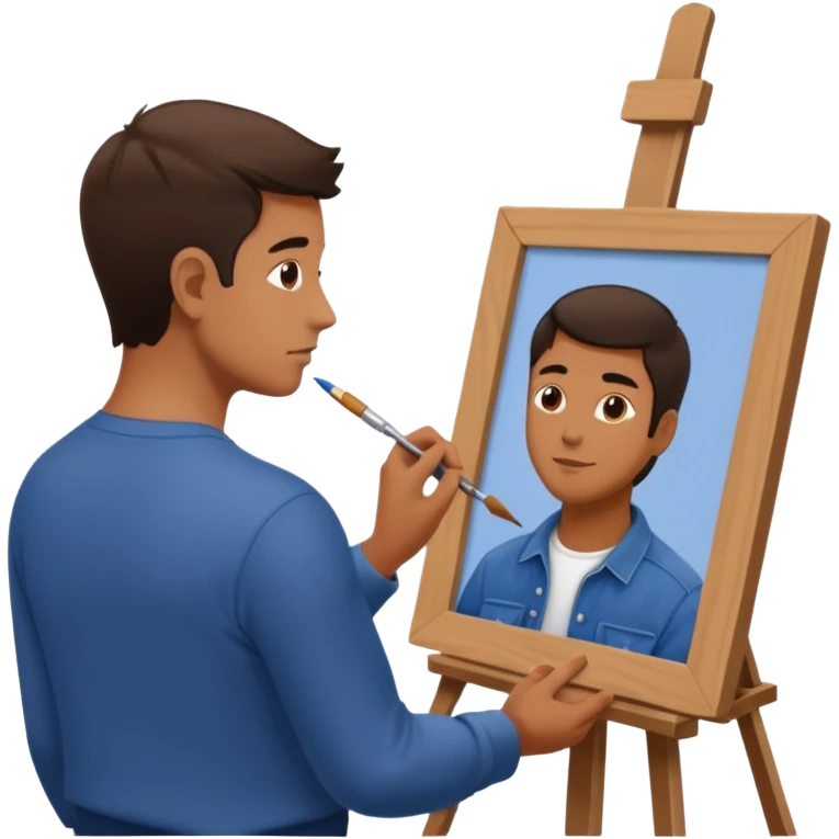 the artist stands with his back to the painting, painting a portrait emoji