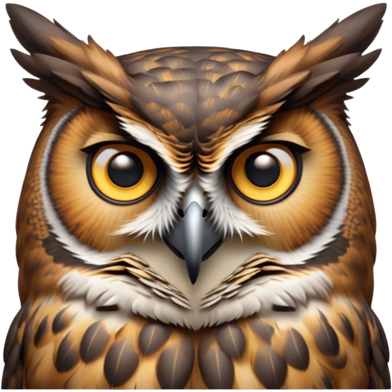 Cinematic Noble Great Horned Owl Portrait Emoji, Poised and regal, with a commanding, broad build and a richly mottled plumage of grays, whites, and subtle browns, deep-set soulful golden eyes, Simplified yet sharp and sophisticated features, highly detailed, glowing with a soft, dignified glow, high shine, intelligent and enigmatic, stylized with an air of nocturnal majesty, focused and attentive, soft glowing outline, capturing the essence of a watchful and confident raptor, so majestic it feels as though it could silently swoop out of the screen with effortless authority! emoji
