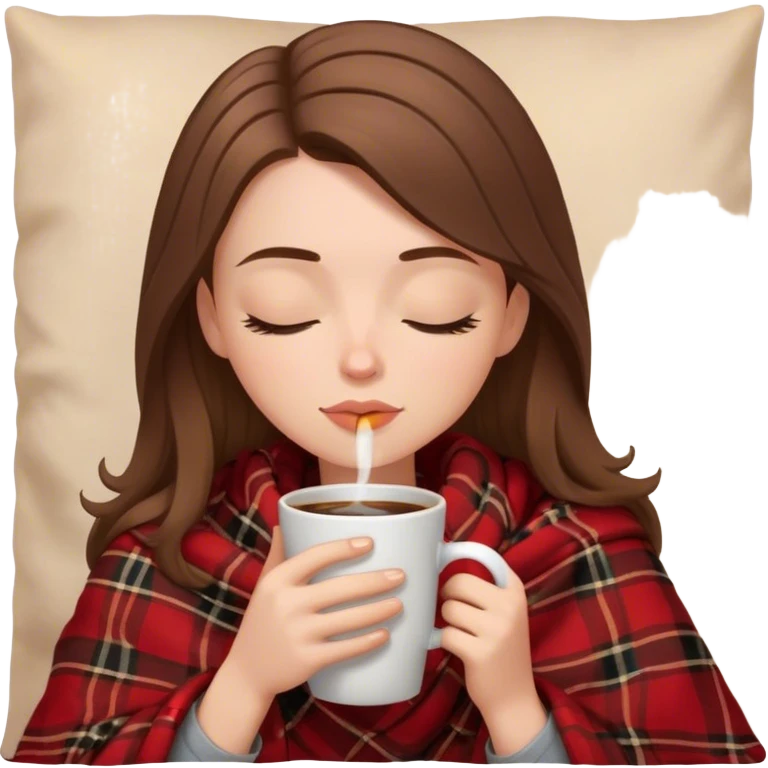 White girl brunette inside a brown and red flannel blanket sipping coffee eyes closed emoji