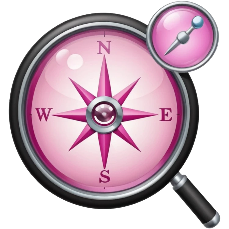 mix light pink dark pink and white girly internet compass logo with a small magnifying glass emoji