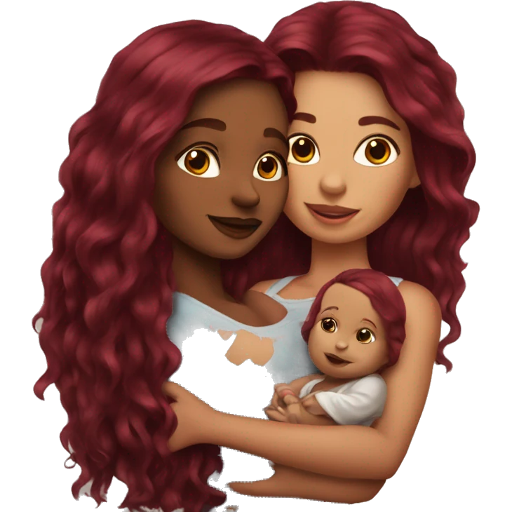 Beautiful tattooed burgundy long haired woman holding a baby emoji