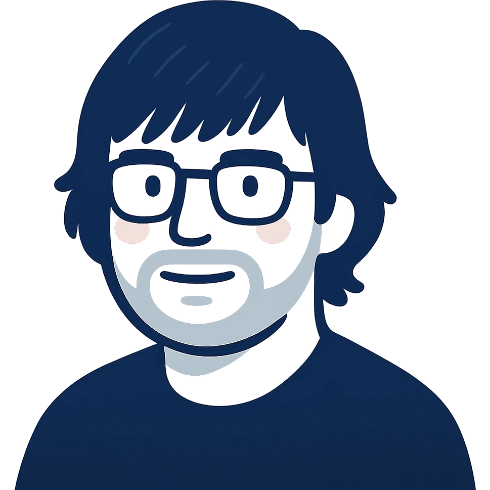 A man with glasses, stylishly messy longer hair with cool well-defined bangs, a naturally round face shape, and a broader nose. Use dark blue colors for the main outlines and details, subtle pink highlights only on the cheeks, and gray only for the short beard and shadow details where necessary. emoji