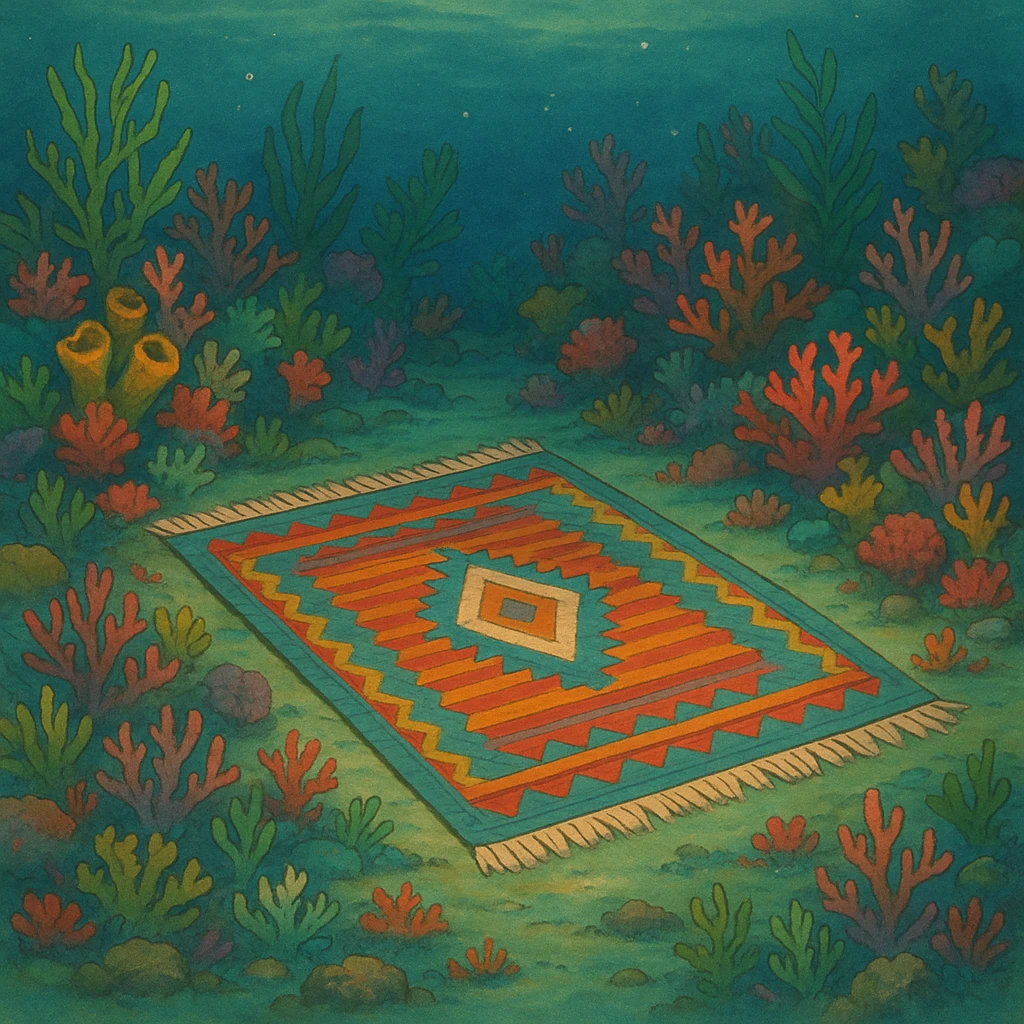 colorful carpet lying on the sea floor, surrounded by corals and seaweed, in ghibli style emoji