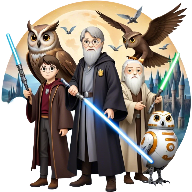 Icon for Fantasy and Sci-Fi Movies: Collage featuring Harry Potter with his wand, Dumbledore, Luke Skywalker with a lightsaber, and futuristic robots. Background with a magical planet, Hogwarts, flying owls, and spaceships. Epic and magical atmosphere. Transparent background. emoji