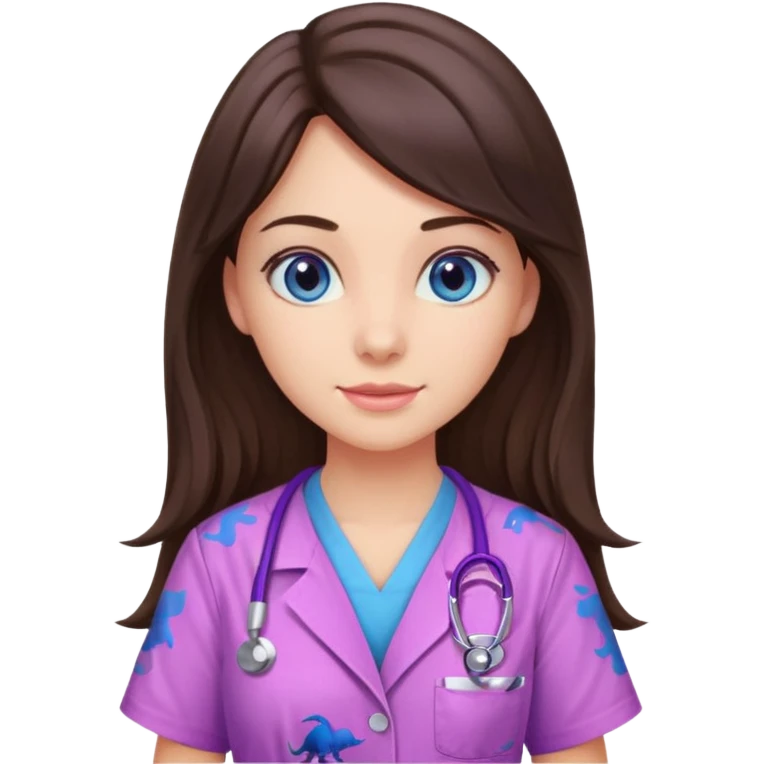 pretty brunette nurse with long hair and blue eyes in pink and purple dinosaur pattern scrubs emoji
