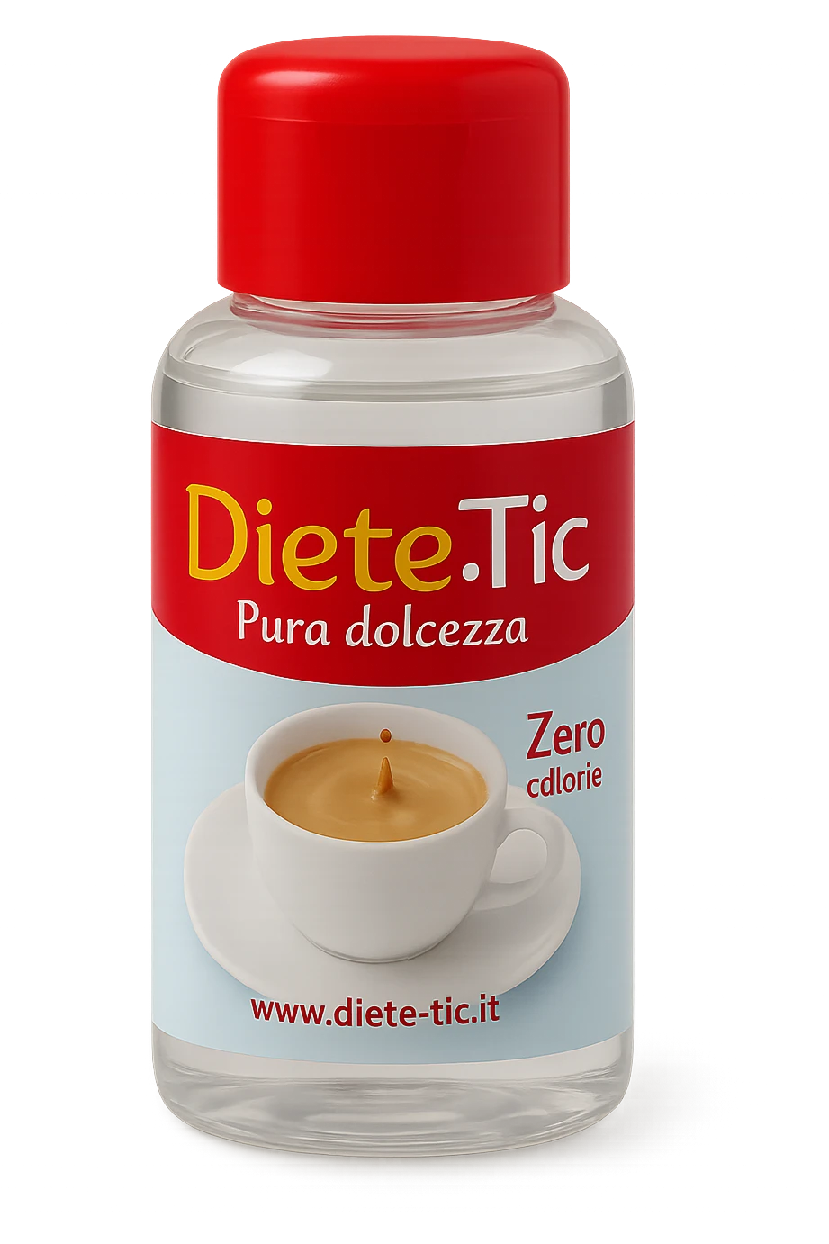 BOCCETTA DI DOLCIFICANTE LIQUIDO CON LA SCRITTA "DIETE-TIC" SULL'ETICHETTA FLUTTUA IN ARIA emoji