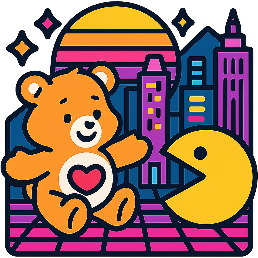 Care Bears and Pacman in a neon 80's sci-fi cityscape, vibrant colors emoji