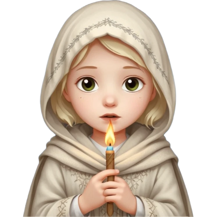 A small girl in a worn winter dress and shawl, holding a glowing matchstick close to her face, eyes wide with soft hope.
 emoji