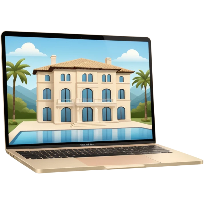 
light beige open macbook sideways with luxury villa on screensaver emoji