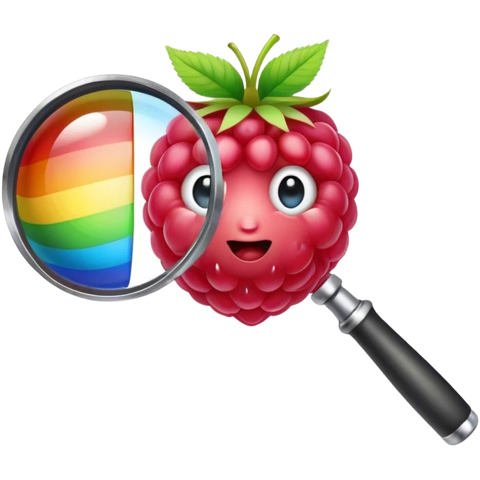 a raspberry holds a rainbow colored magnifier with its budding from handle of magnifier emoji