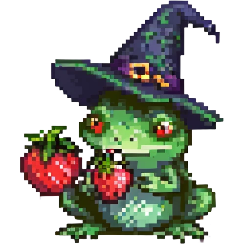a frog wearing a witch hat and eating a strawberry, pixel art style emoji
