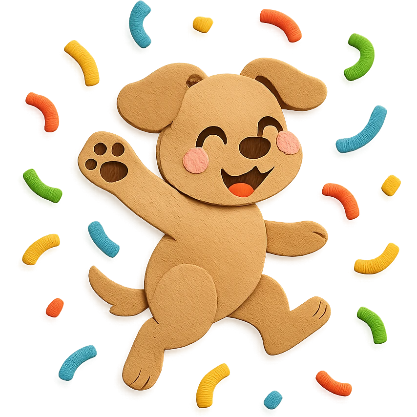 highly detailed, high quality paper craft style illustration of a puppy jumping through confetti with a paw up in celebration, intricate textures, soft lighting, delicate cut-paper details emoji
