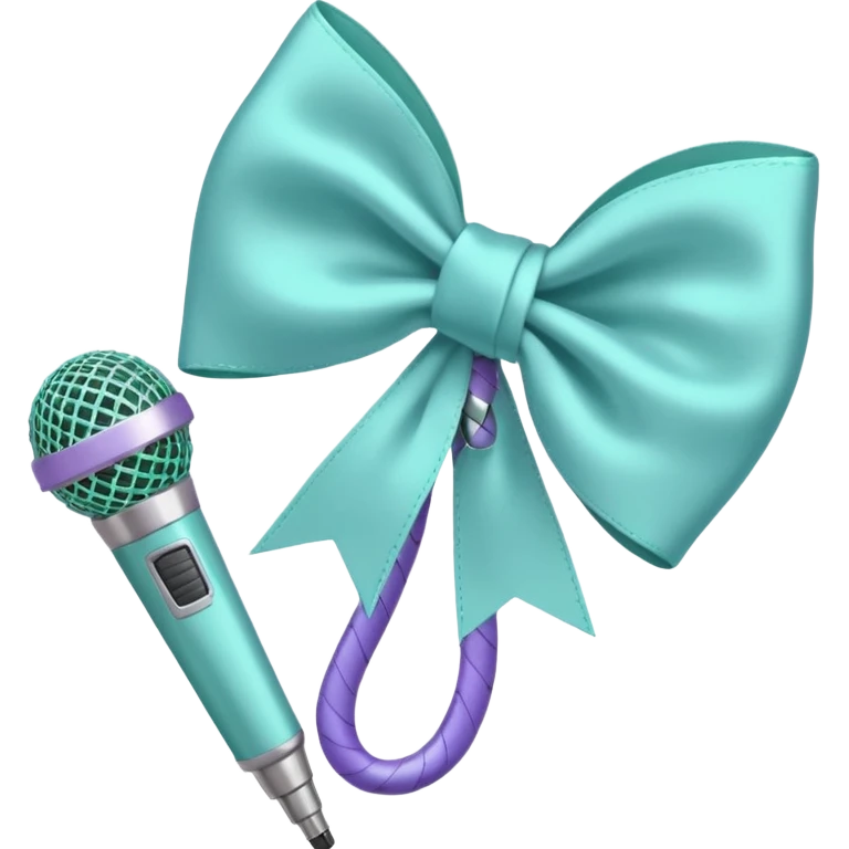 A pastel blue bow with a pastel a pastel green snake at the top of one side and a pastel purple microphone on the bottom of the other side of the bow emoji