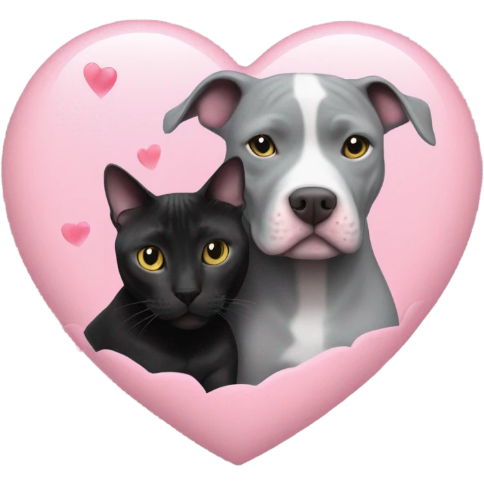 Grey pitbull and black cat cuddling with pink hearts  emoji