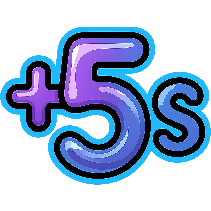 +5s with + and 5 in cosmic liquid metal mercury-like purple and blue, s as small subscript, electric blue neon glow border emoji