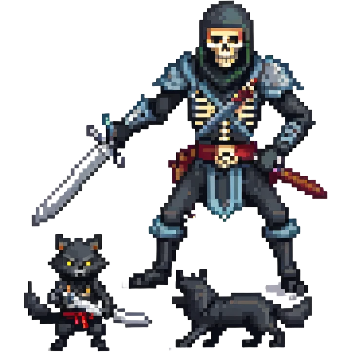 pixel art ninja skeleton wielding swords, accompanied by a fierce black wolf emoji