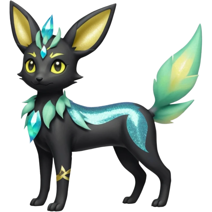 Multicolored sparkly pastel dark iridescent light pale gloomy spooky realistic pretty cool elegant realistic floral exotic Trico-Bolthund-Electrike-Luxray-Umbreon-Leafeon-hybrid, full body emoji