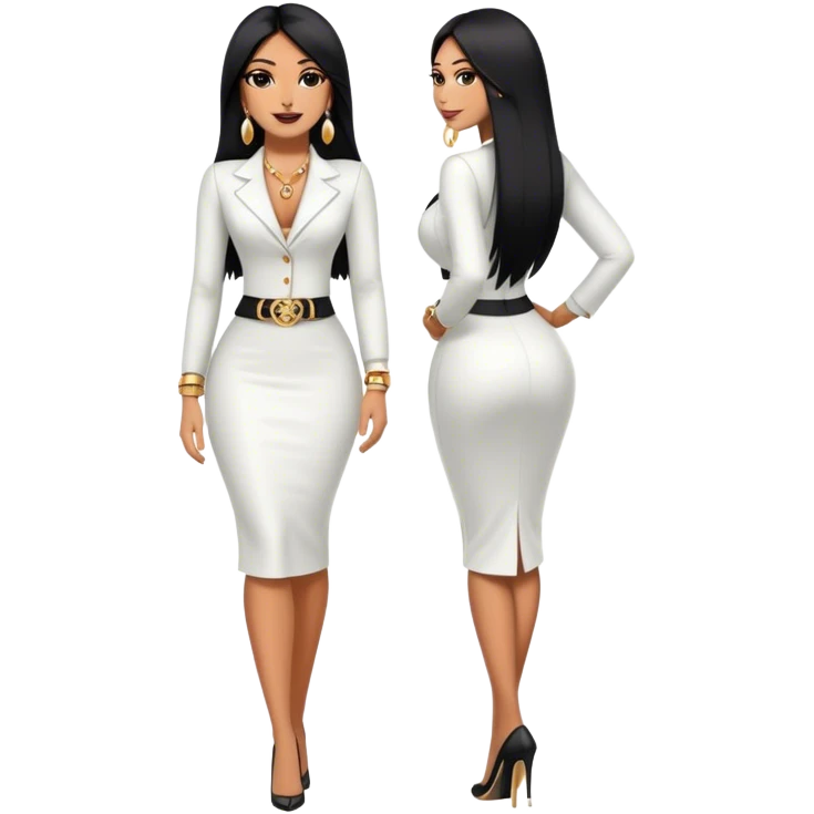 beautiful woman boss, with long straight black hair, with make up, black eye liner, smile, mexican, brown skin, wearing beautiful sexy outfit and white earings, she stand up, full body emoji