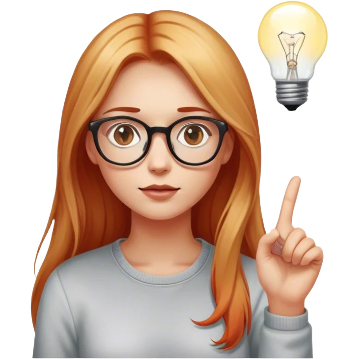 intelligent and clever, 30 year old, girl, long red and almost blond hair, glasses, has an brillant idea, one light bulb next (not over) her head in the air, casual cloth  emoji
