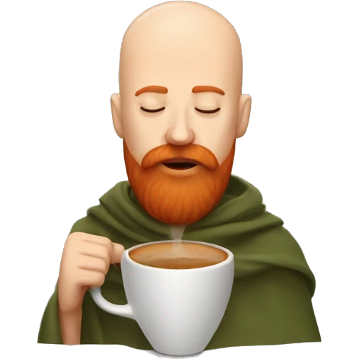 Bald man with red beard and mustache inside blanket eyes closed sipping coffee emoji