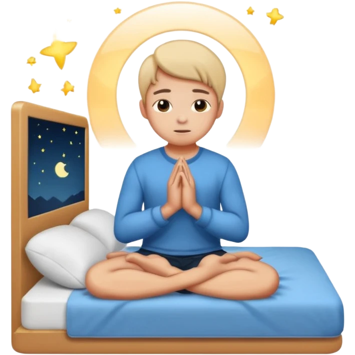 Gen Z person sitting on bed praying at night, LED lights, laptop nearby emoji