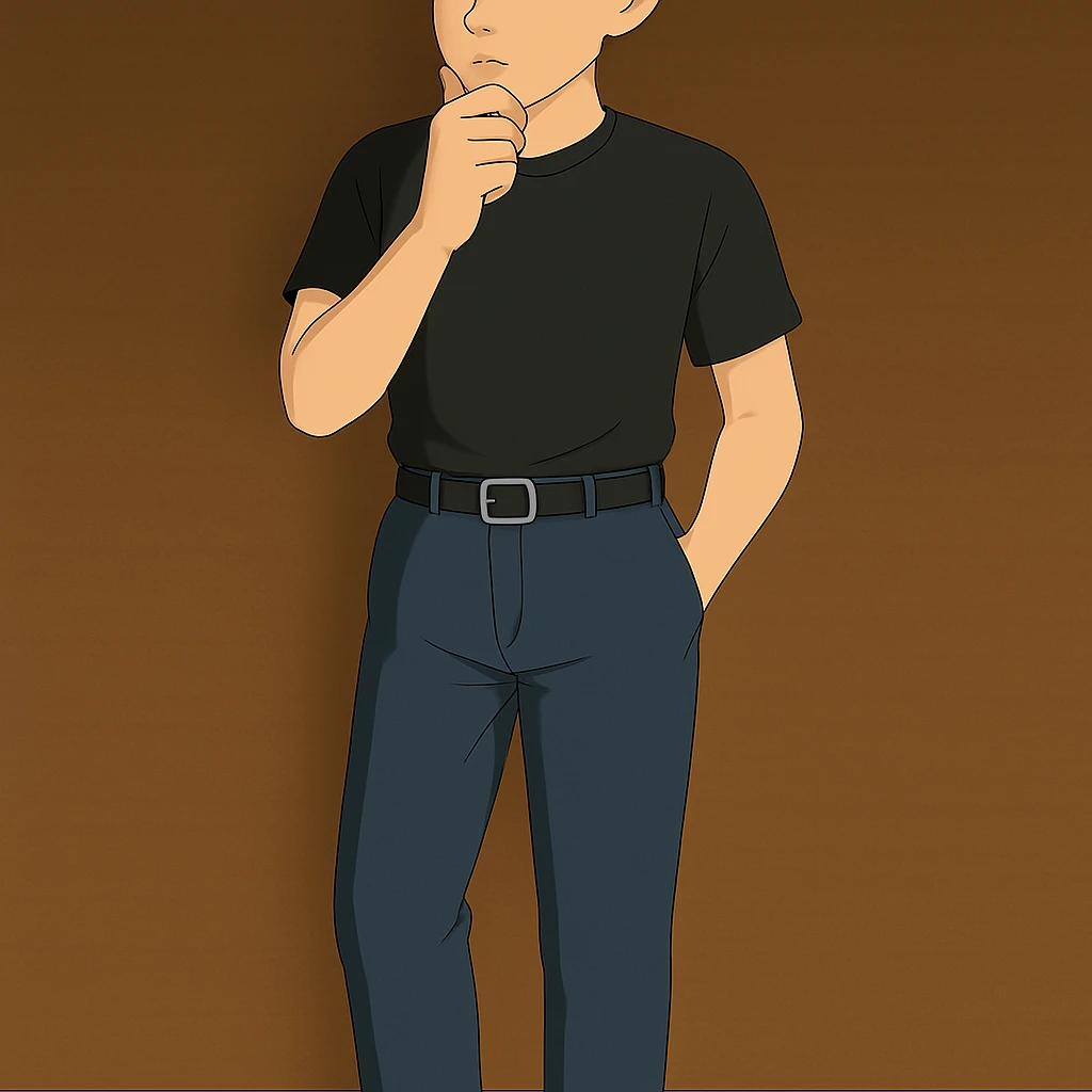 Show the man in the same outfit, full body visible from head to feet, standing and thinking with his hand on his chin. emoji