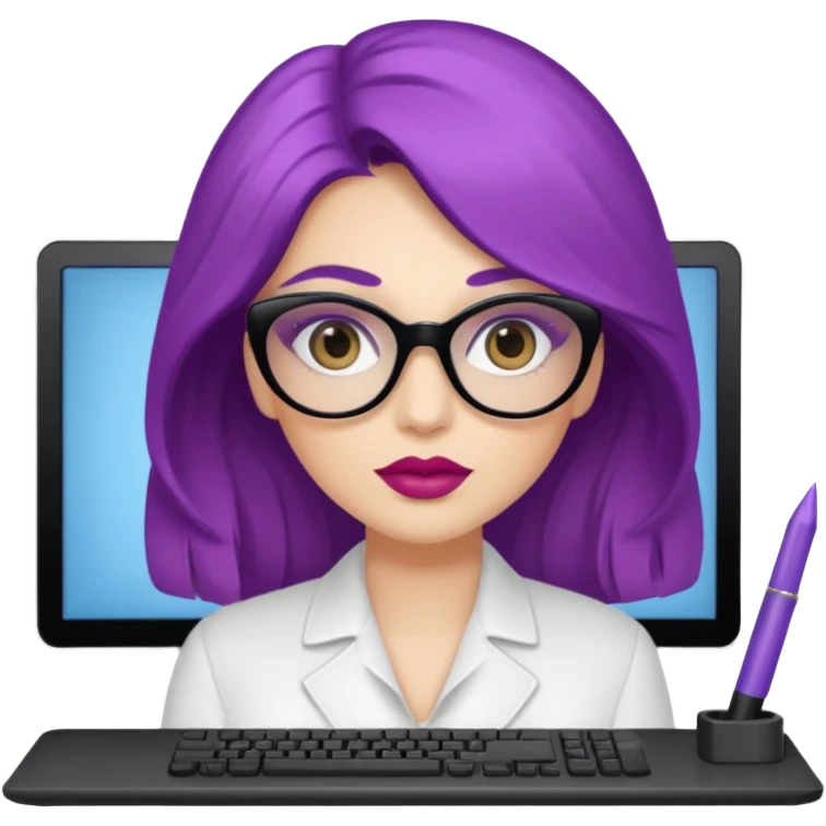 donna bella, occhi azzurri con occhiali, capelli medi, lisci e biondi, lavora al pc. Labbra color malva chiaro emoji