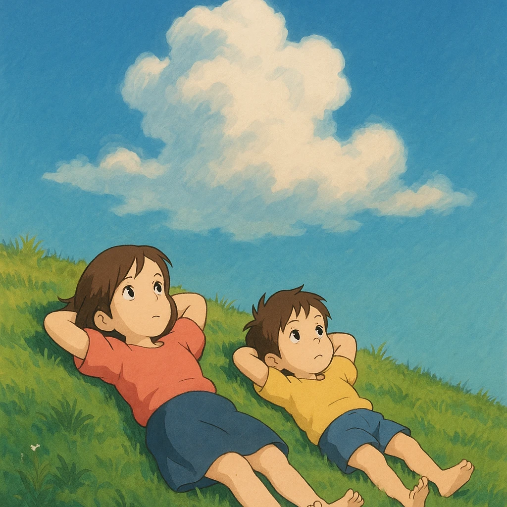 Two siblings lying on a grassy hill, gazing up at drifting cloud emoji