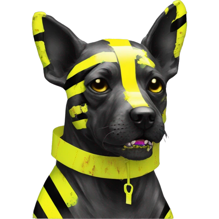 .Zombie_ Vaporwave black holographic oilslick zombie dog yellow caution tape graffiti yellow black stripes emoji